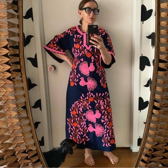Nwt Frances Valentine Stephanie Embroidered Tunic Dress 1X Maxi navy/pink - Picture 4 of 6